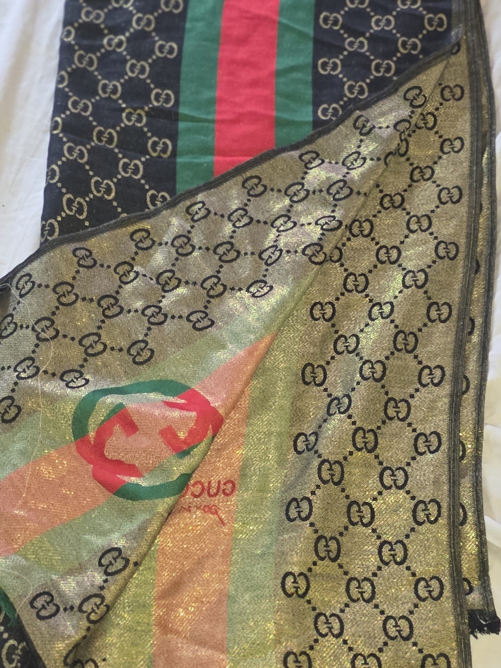 Preloved Luxury Monogram Scarf with Red and Green Stripe - Picture 4 of 5